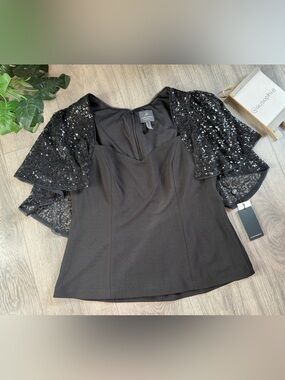 Adrianna Papell Black Sequin Crepe Capelet Evening V-Neck Top. Size 12. NWT!